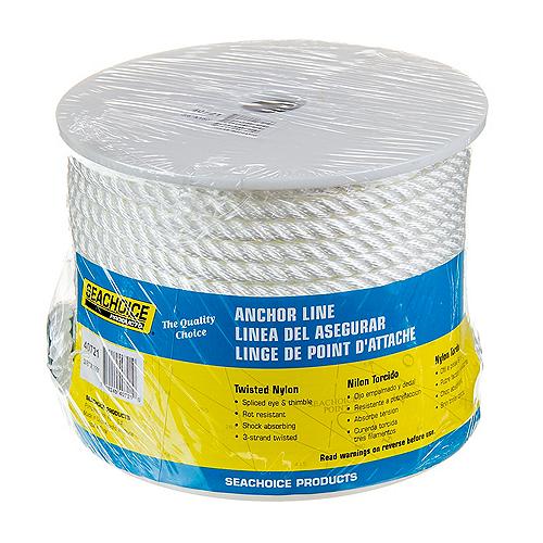 SeaChoice Anchor Line Rope, 3-Strand Twisted, White, Nylon, 3/8" x 150 Ft.