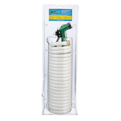 SeaChoice 25' White Poly Coiled Washdown Hose with Sprayer.