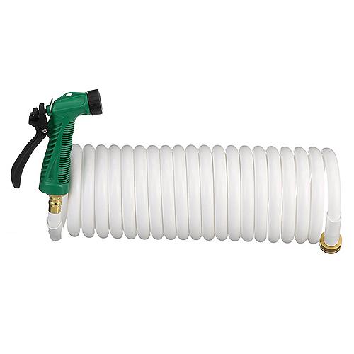 SeaChoice 25' White Poly Coiled Washdown Hose with Sprayer.