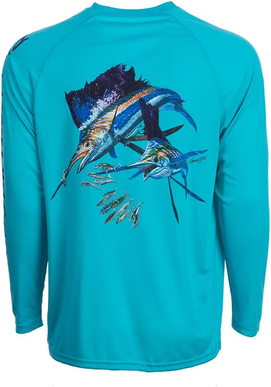 BIMINI BAY OUTFITTERS LTD Hook M' Men's Long Sleeve Shirt, Sailfish 2 Scuba Blue, 3XL