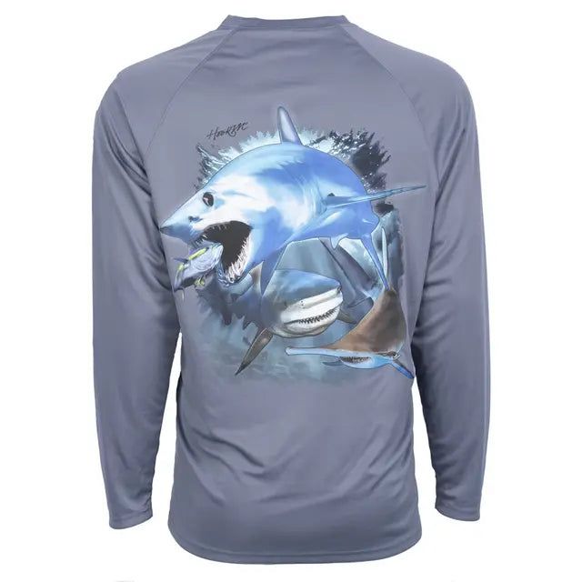 Bimini Bay Men's Hook M' Long Sleeve Tee, Grisaille-Shark Slam