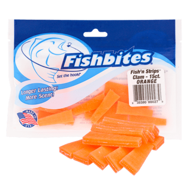 Fishbites Fish'N Strips Clam Longer Lasting Bait Orange 1-1/2", 15pk 0027
