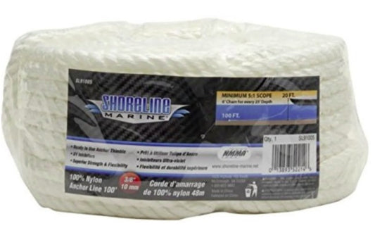 Shoreline Marine 3/8"x100' Twisted Nylon Anchor Line (White) 3-Strand.