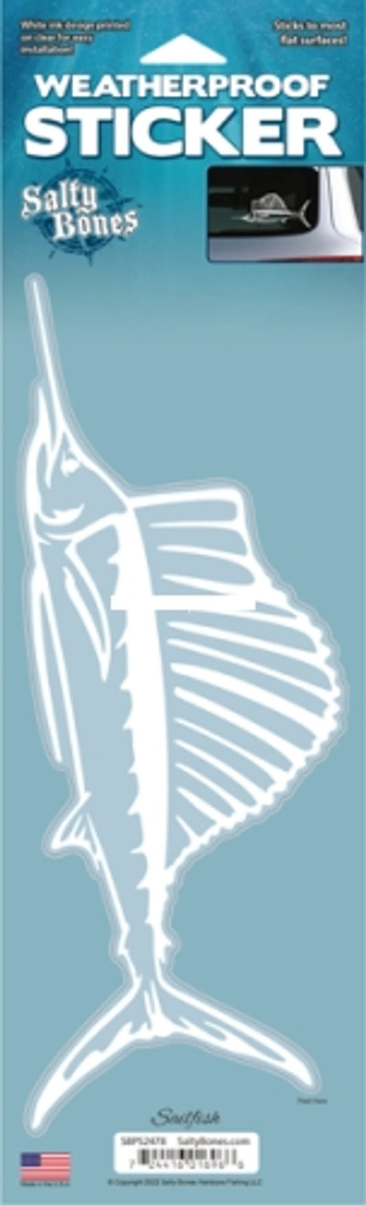 Salty Bones SBPS2478 Decal - Sailfish Plotted Style White - SBPS2478