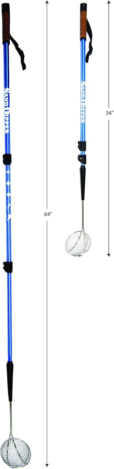 Sand Dipper Full Size Beach Scoop Shovel & Sifter Tool for Beachcombing – Adjustable Sea Glass, Shell, Shark Tooth Sifter for the Beach – Can Be Used as a Walking or Hiking Stick Too – Blue, 4” Basket