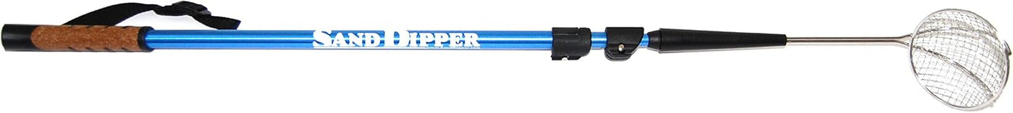 Sand Dipper Full Size Beach Scoop Shovel & Sifter Tool for Beachcombing – Adjustable Sea Glass, Shell, Shark Tooth Sifter for the Beach – Can Be Used as a Walking or Hiking Stick Too – Blue, 4” Basket
