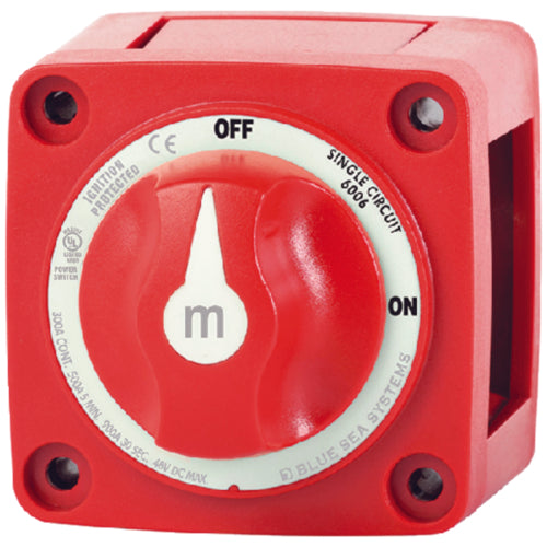 Blue Sea 6006 Battery Switch Mini On/Off w/Knob Red 1 Battery 300 Amp.