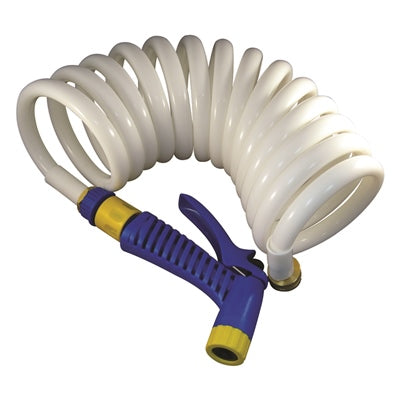 MarPac White Coiled Washdown Water Hose 1/2" x 25' with Nozzle.