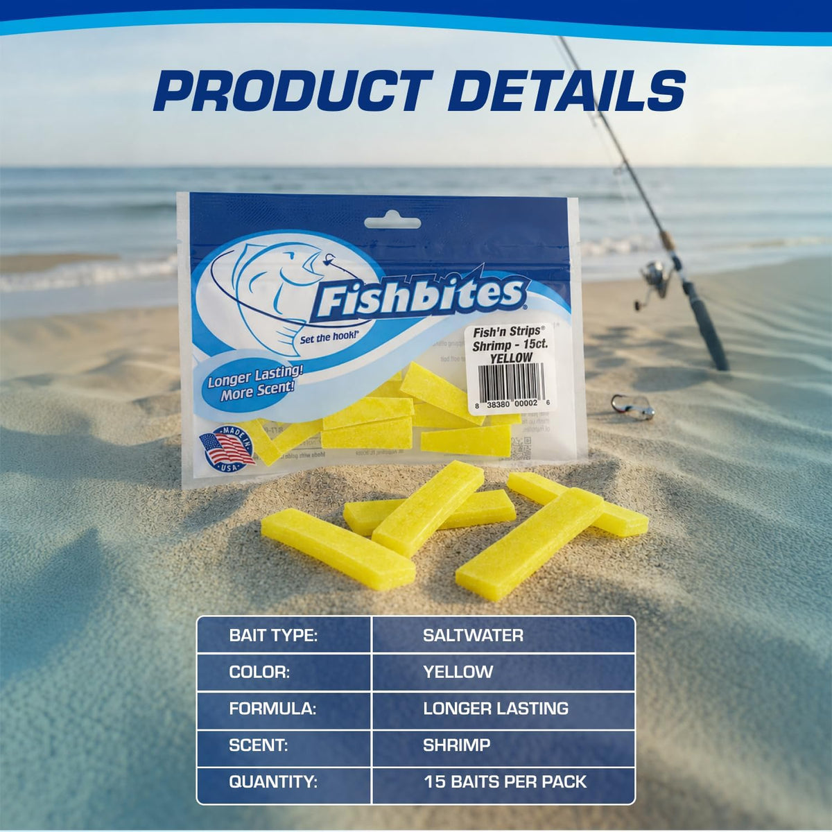 Fishbites Fish 'n' Strips Shrimp Longer Lasting Bait Strips, 1 1/2", Yellow 15/Pack