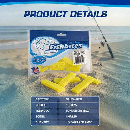 Fishbites Fish 'n' Strips Shrimp Longer Lasting Bait Strips, 1 1/2", Yellow 15/Pack