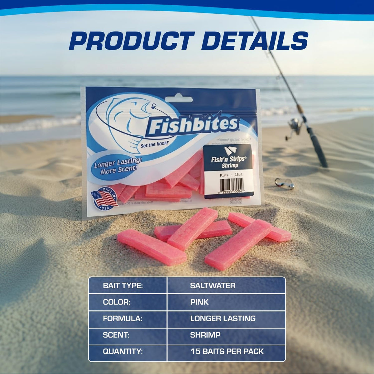 Fishbites Fish'N Strips Shrimp Longer Lasting Bait Strips, Pink 1-1/2", 15pk