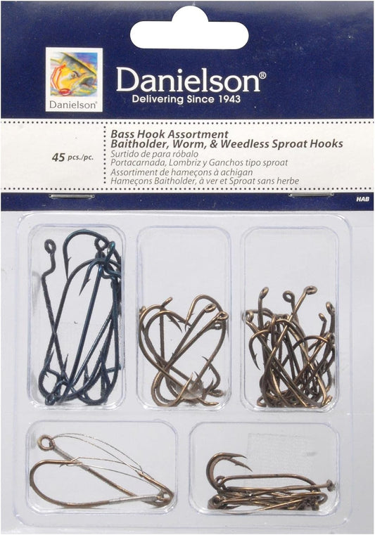 Danielson 45Pc Fishing Bass Assortment Baitholder Worm and Weedless Sproat Hooks