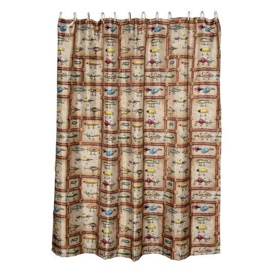 The Rivers Edge Products fishing lire shower curtain is the perfect touch for any fisherman's bathroom. Antique Lure licensed art by JQ Outdoors.  Features;  Polyester construction 70" x 72" 12 plastic rings included