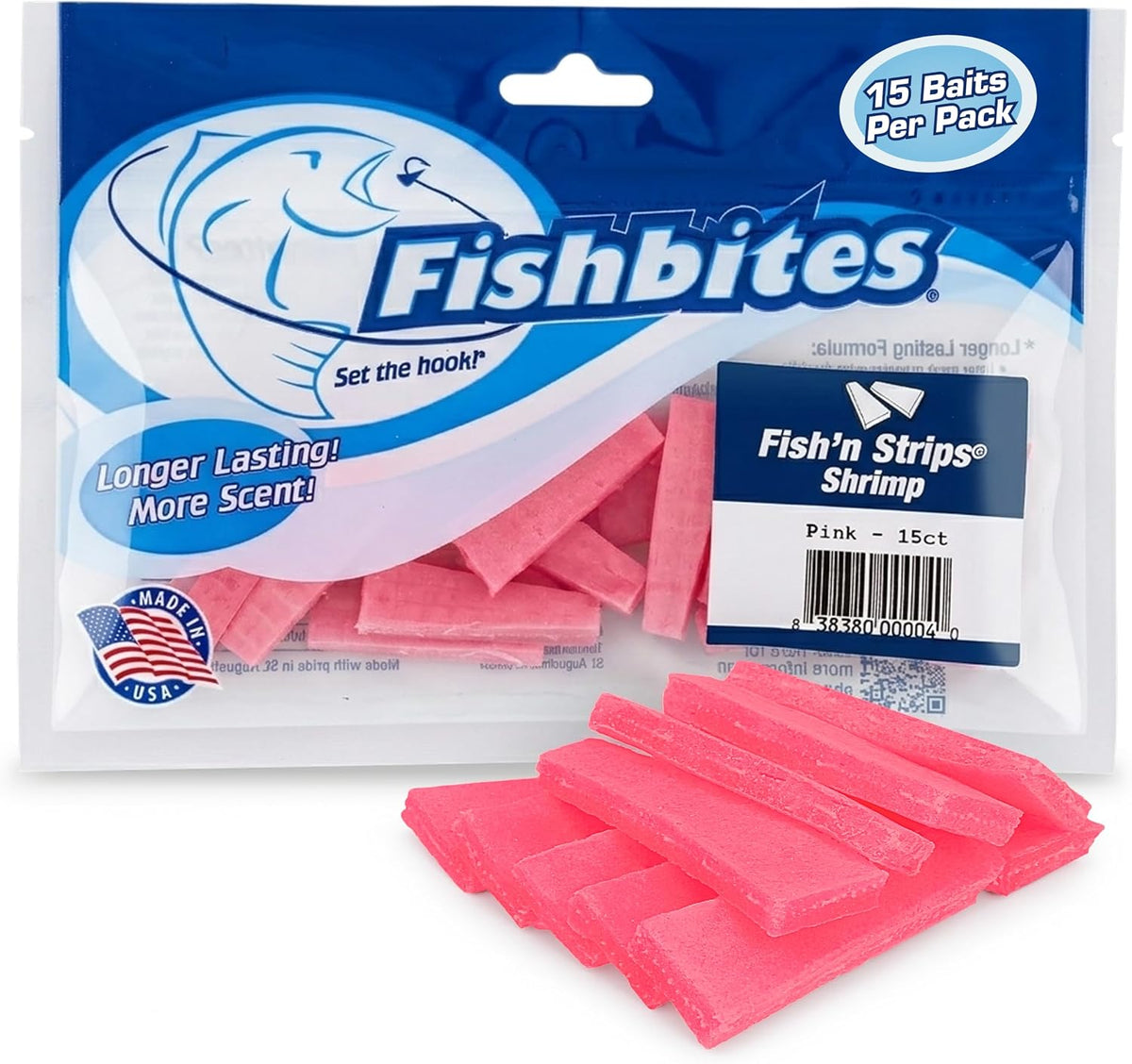 Fishbites Fish'N Strips Shrimp Longer Lasting Bait Strips, Pink 1-1/2", 15pk