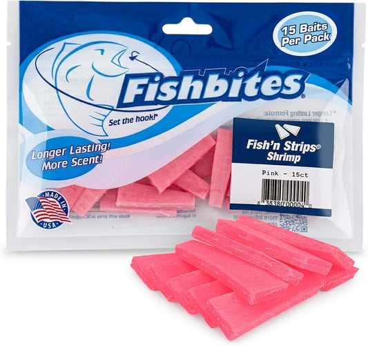 Fishbites Fish'N Strips Shrimp Longer Lasting Bait Strips, Pink 1-1/2", 15pk