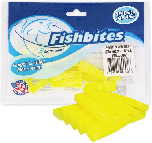 Fishbites Fish 'n' Strips Shrimp Longer Lasting Bait Strips, 1 1/2", Yellow 15/Pack