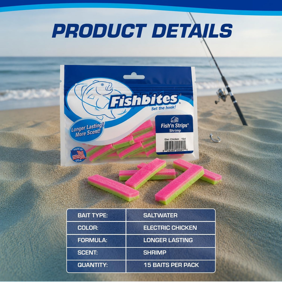 Fishbites Fish'N Strips Shrimp Longer Lasting Bait Electric Chicken 1-1/2", 15pk 0041