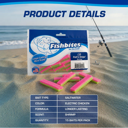 Fishbites Fish'N Strips Shrimp Longer Lasting Bait Electric Chicken 1-1/2", 15pk 0041