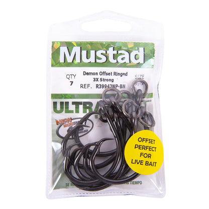 Mustad R39942NP-BN 3X Strong Demon Perfect Offset Circle Ringed Hooks 7 Pack