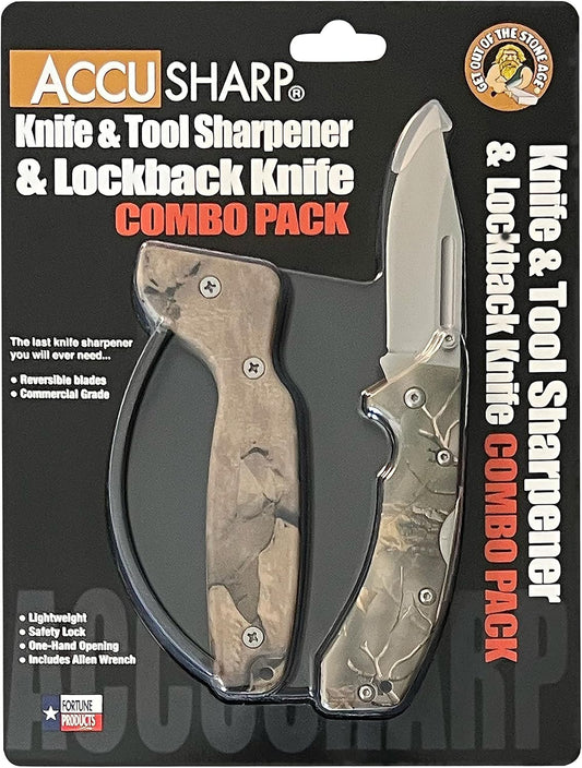 AccuSharp Knife and Tool Sharpener & Lockback Folding Knife Combo, Hunting, Fishing, Outdoors, Hiking and Camping Knife & Sharpening Set - Camo