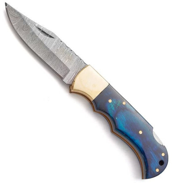 Rill Simple Tools Azul Damascus Steel Folding Knife with Blue Veined Wood Handle