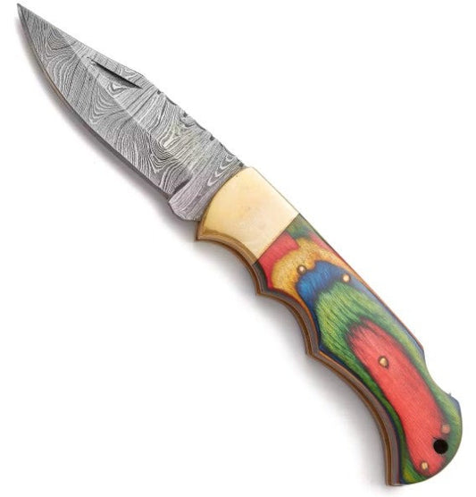 Rill Simple Tools Colorado Red Damascus Steel Folding Knife with Red Veined Wood Handle