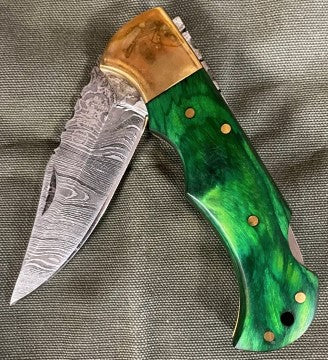 Rill Simple Tools Irish Whiskey Damascus Steel Folding Knife with Green Veined Wood Handle