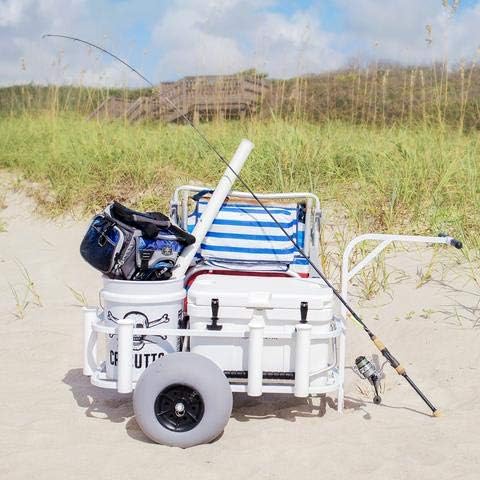 SEA STRIKER BRSC-WB White Surf Pier Cart, 11" Balloon Tires, 7 PVC Rod Holders, Holds up to 55 Quart Cooler.