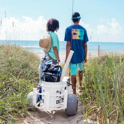 SEA STRIKER BRSC-WB White Surf Pier Cart, 11" Balloon Tires, 7 PVC Rod Holders, Holds up to 55 Quart Cooler.