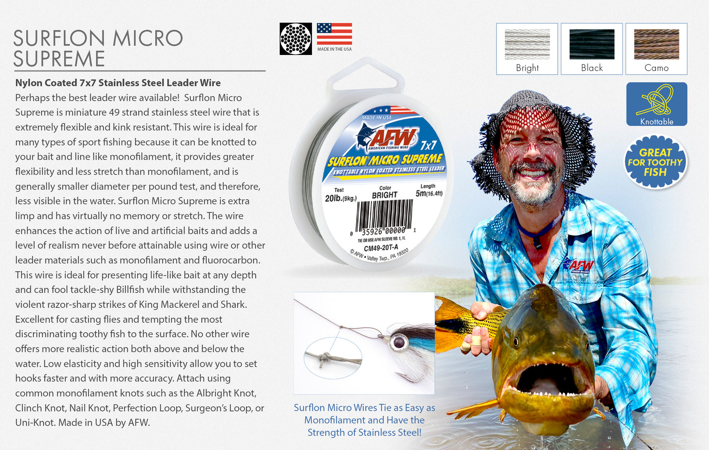 AFW Surflon Micro Supreme, Nylon Coated 7x7 Stainless Steel Leader Wire, 26 lb / 12 kg test, .018 in / 0.46 mm dia, Black, 16.4 ft / 5 m