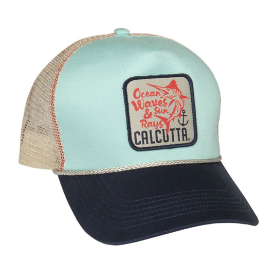 Calcutta Ladies 5 panel mesh cap, Blue brim, Light Blue crown, Stone mesh, Ocean waves,