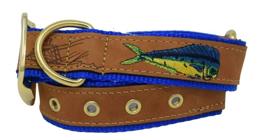Zep-Pro Brown Leather Mahi Dolphin Dog Collar Nylon Royal Blue Backing