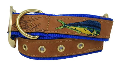 Zep-Pro Brown Leather Mahi Dolphin Dog Collar Nylon Royal Blue Backing.