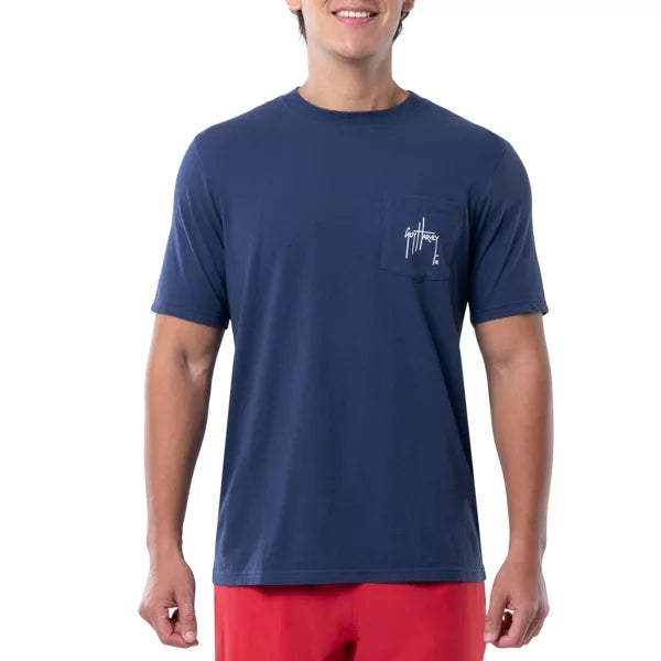 Guy Harvey Men’s Short Sleeve Pocket T-Shirt Estate Blue Flag Silos