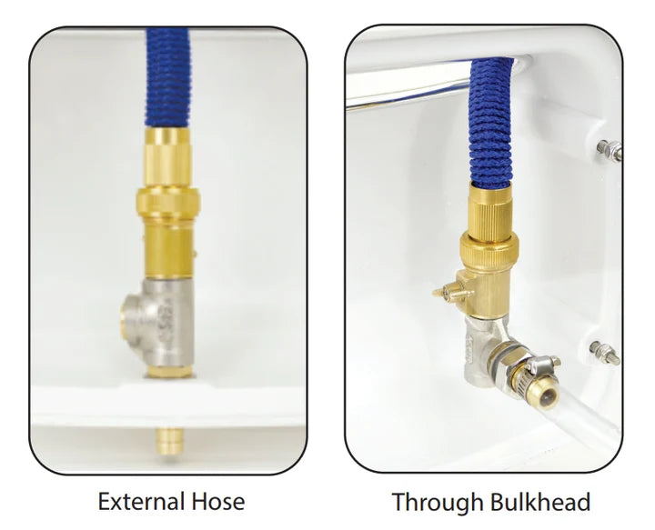 HoseCoil Side Mount Expandable White Enclosure with 50' Blue Hose, Shutoff Valve & Rubber Tip Nozzle