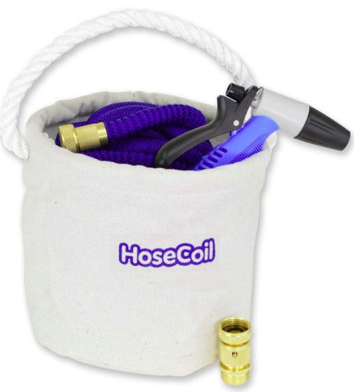 HoseCoil Canvas Bucket Kit w/ HoseCoil Expandable 75' Blue Hose.