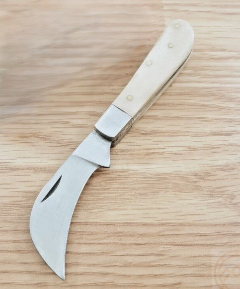 Rill Simple Tools Lineman Hawksbill Knife with Bone Handle and Leather Sheath.