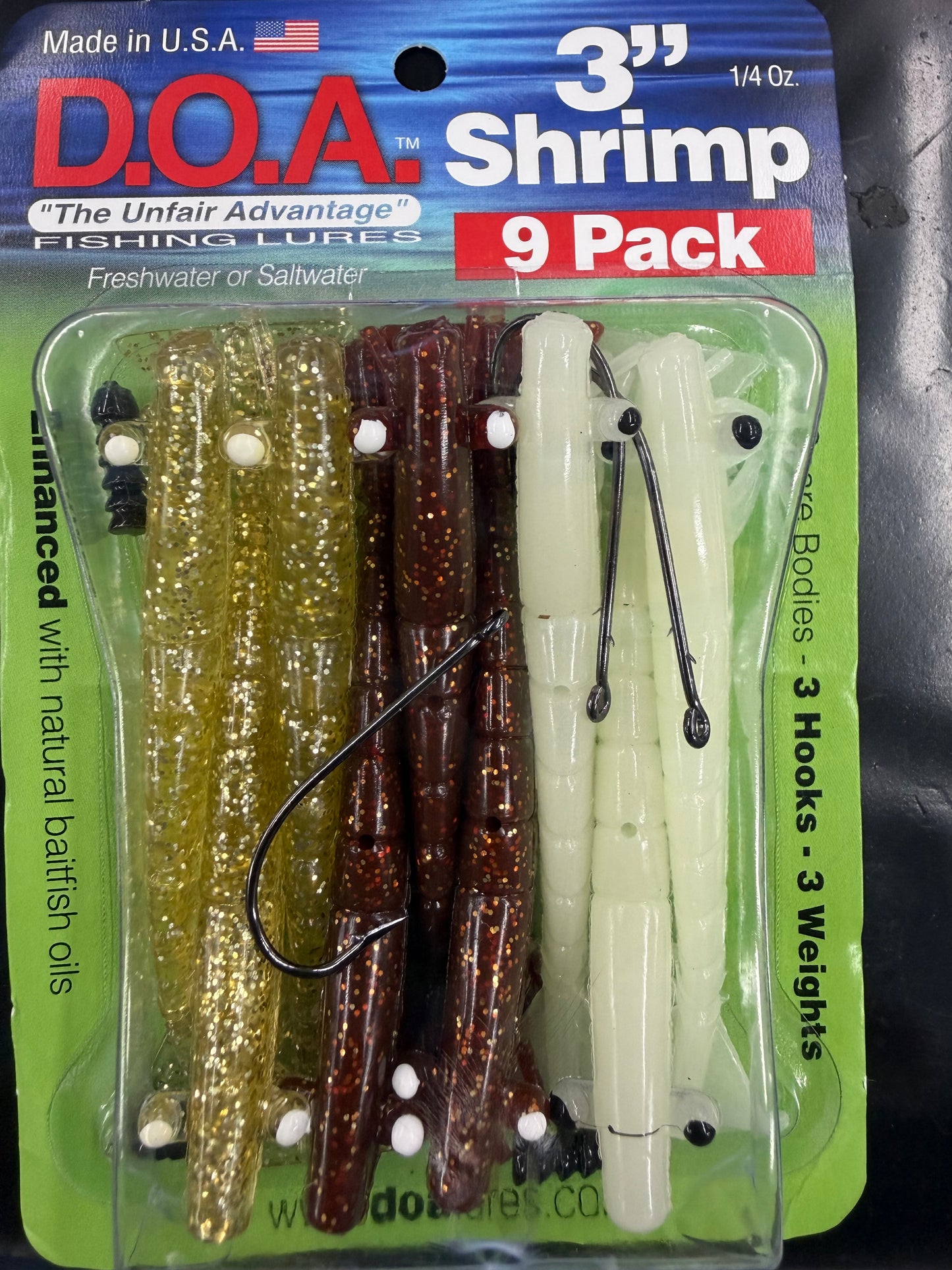 D.O.A. 3" Shrimp Lure 9 Pack 9 Bodies, 3 Hooks, 3 Weights