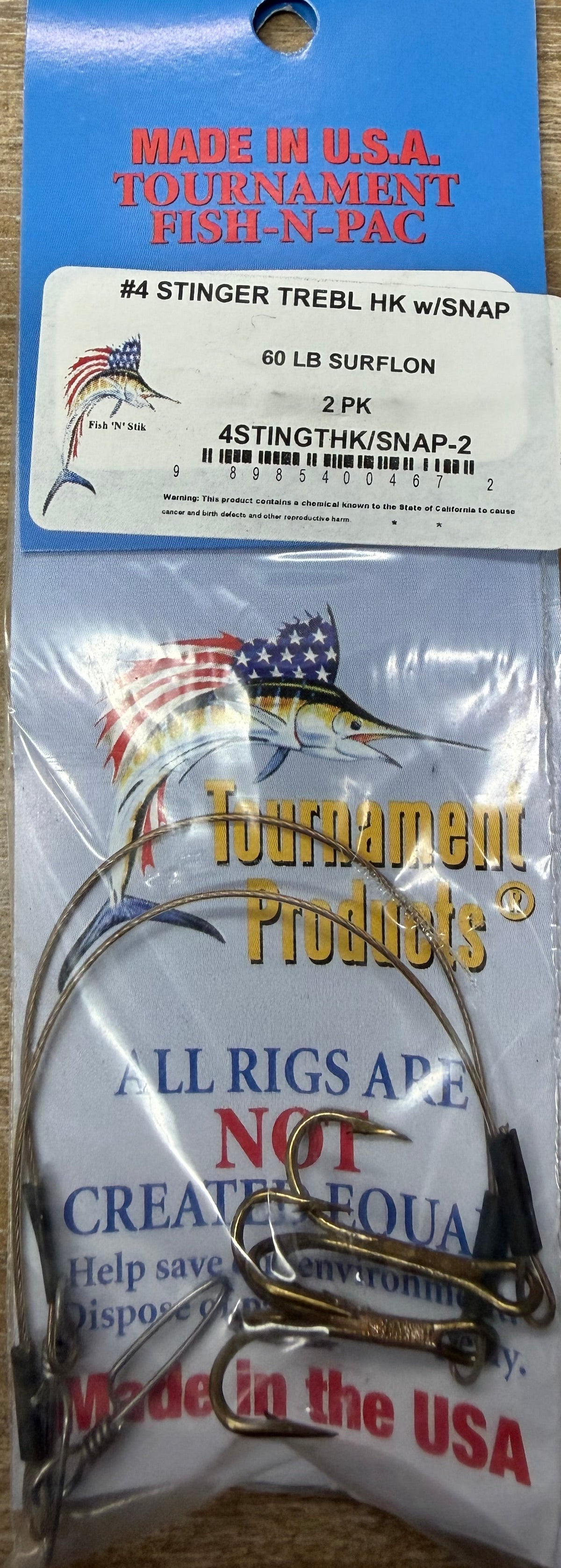 Tournament Fish-N-Pac #4 Stinger Treble Hook w/Snap 2pk