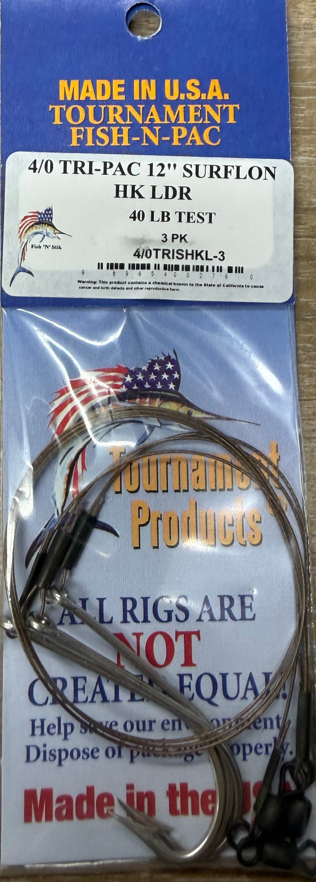 Tournament Fish-N-Pac Wire 40lb 12" Leader With Hook 3 Pack