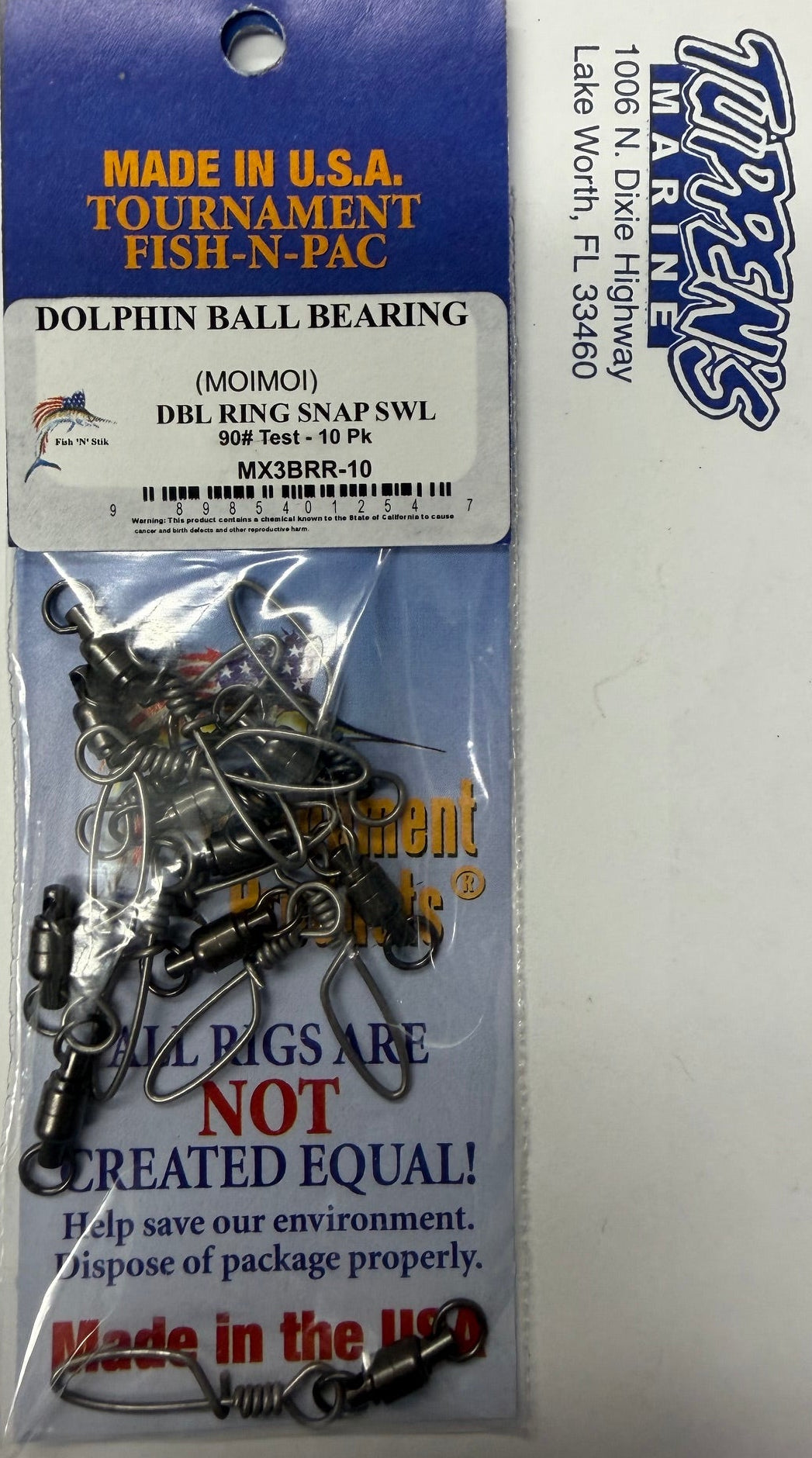 Tournament Fish-N-Pac Dolphin Ball Bearing Double Ring Snap Swivel 90lb 10 Pack