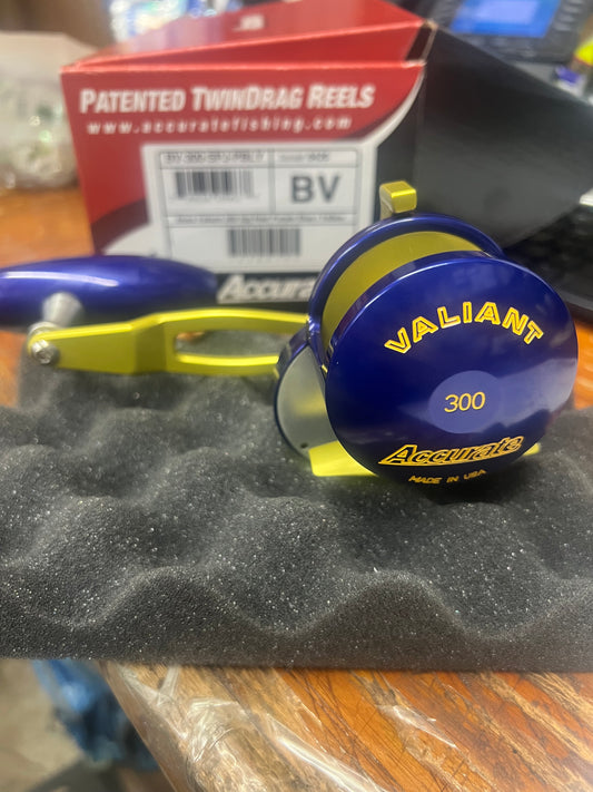 Accurate Boss Valiant 300 SPJ Slow Pitch Reel Purple Blue Yellow