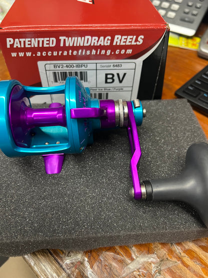 Accurate Boss Valiant BV2-400 2-Speed Lever Drag Reel Ice Blue Purple Custom