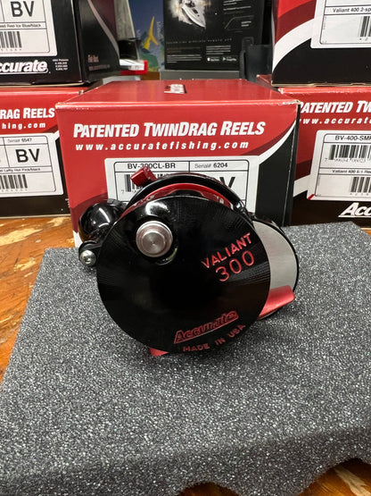 Accurate BV-300 Boss Valiant Conventional Reels Black Red Lefty Clicker w/ Next-Gen Round Knob