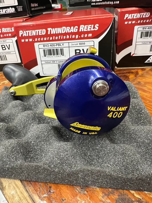 Accurate Boss Valiant BV2-400 2-Speed Lever Drag Reels Purple Blue / Yellow