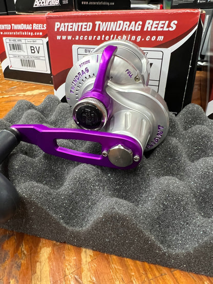 Accurate Boss Valiant BV-400 Single-Speed Lever Drag Reels Silver Matte Purple