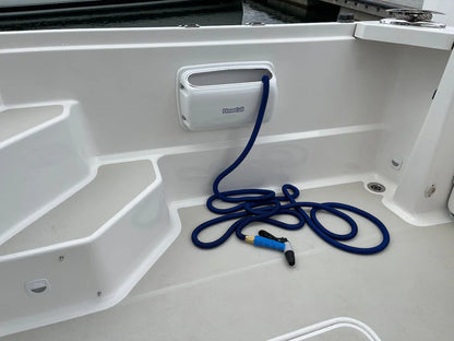 HoseCoil Side Mount Expandable White Enclosure with 50' Blue Hose, Shutoff Valve & Rubber Tip Nozzle