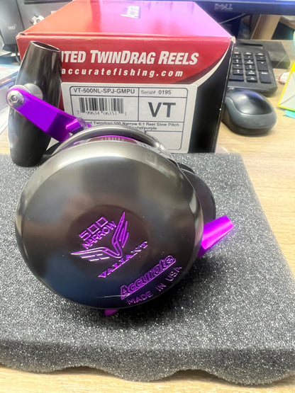 Accurate Valiant 2 500 Narrow VT-500NL-SPJ-GMPU Lefty Left Hand Slow Pitch Jigging Reel Custom Gunmetal Purple