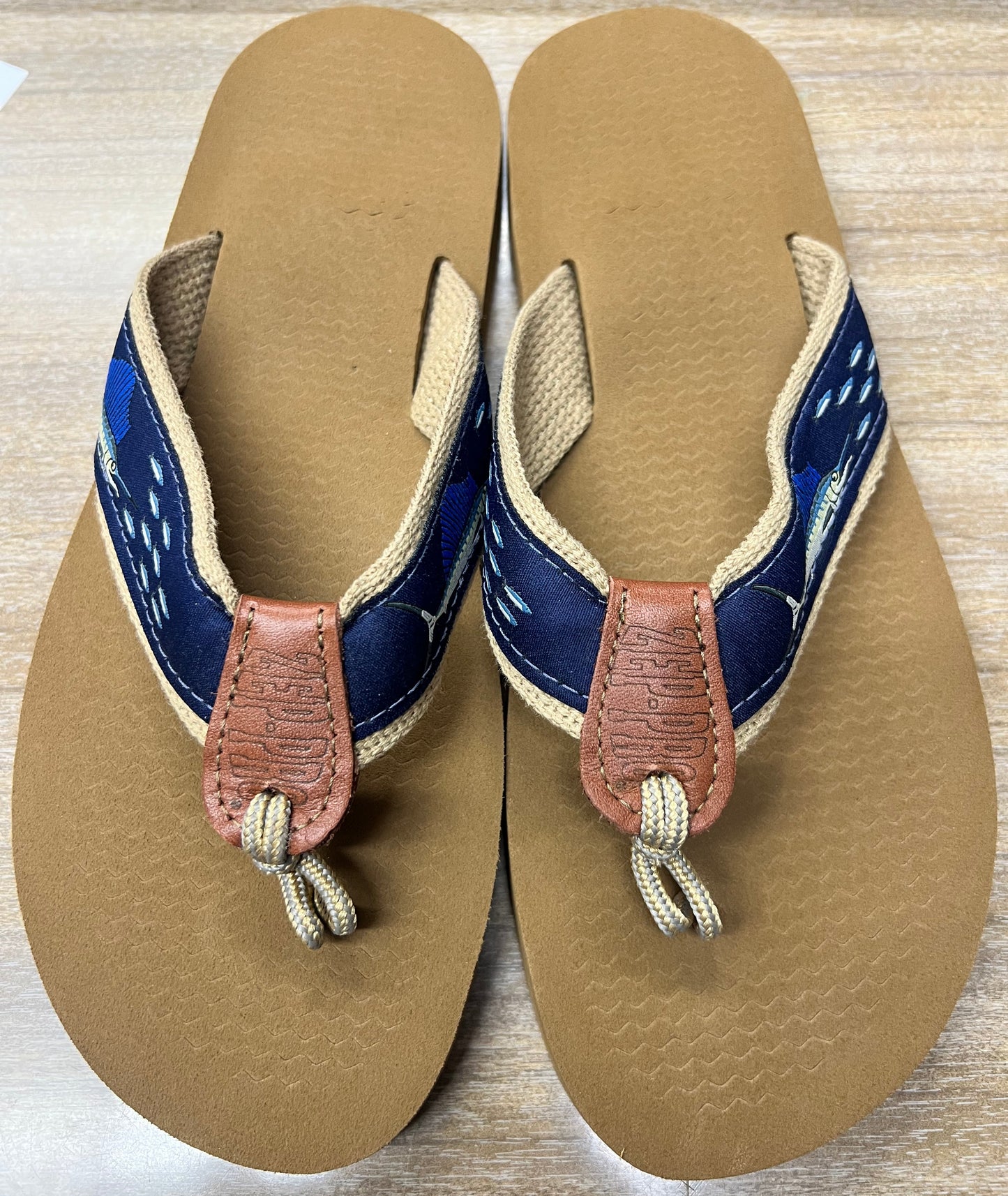 ZEP-PRO Canvas Sailfish Chase Flying Fish Navy Ribbon Flip Flop Men's Sandals.
