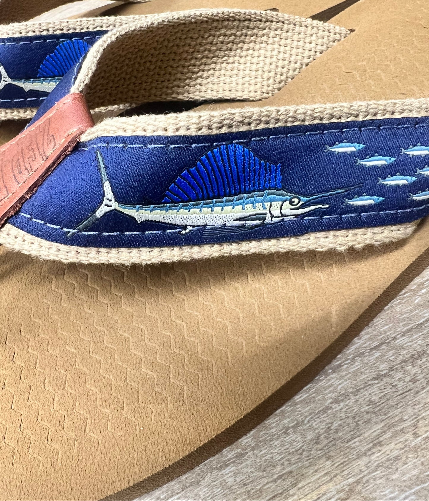 ZEP-PRO Canvas Sailfish Chase Flying Fish Navy Ribbon Flip Flop Men's Sandals.